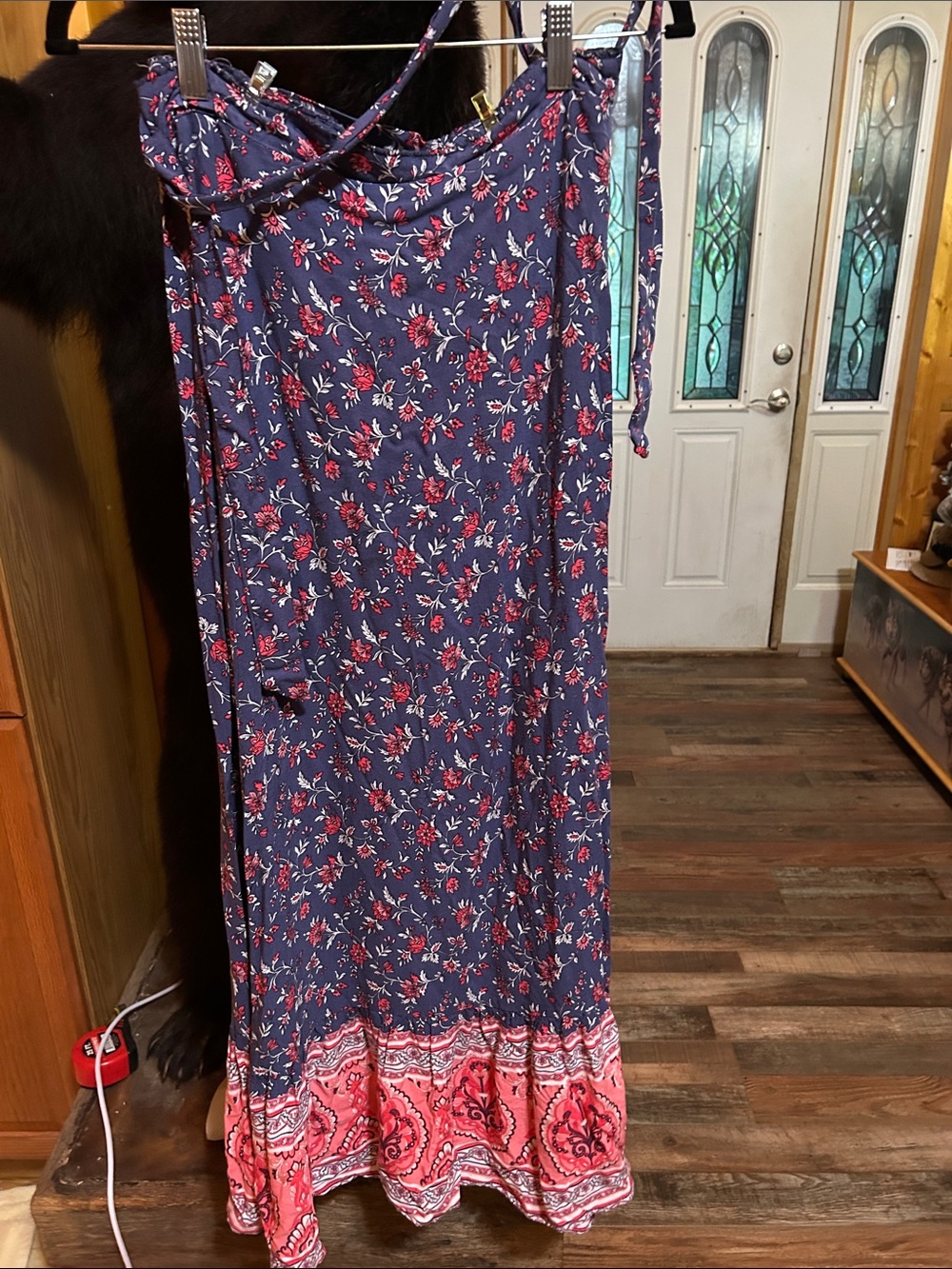 Women's Navy Floral Maxi Wrap Skirt with Pink Hem